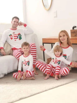 Family Christmas Pajamas Red Cotton Blend Stripes Color Block Pants Top Set -Christmas Costumes Store 202011111659381359443