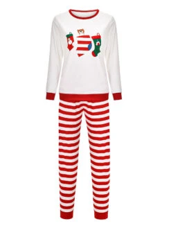 Family Christmas Pajamas Red Cotton Blend Stripes Color Block Pants Top Set -Christmas Costumes Store 202011111659385521487