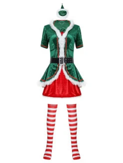 Women's Christmas Dress Green Velour Hat Polyester Christmas Pattern Holidays Costumes -Christmas Costumes Store 202011131052232119760