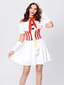 Women's Christmas Dress White Polyester Fiber Gloves Polyester Stripes Christmas Holidays Costumes -Christmas Costumes Store 202011131053021842048