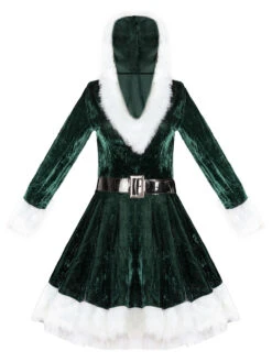 Women's Christmas Dress Green Velour Sash Polyester Two-Tone Christmas Holidays Costumes -Christmas Costumes Store 202011131054000052501