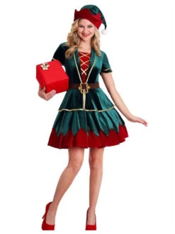 Women's Christmas Dress Green Polyester Fiber Sash Hat Polyester Two-Tone Christmas Holidays Costumes