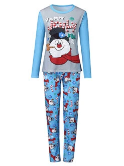 Women's Christmas Set Light Sky Blue Cotton Blend Cotton Christmas Pattern Christmas Holidays Costumes -Christmas Costumes Store 202011131622137095884