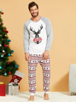 Christmas Family Pajamas Set White Cotton Blend Christmas Pattern Holidays Costumes Homewear -Christmas Costumes Store 202011161630337377164