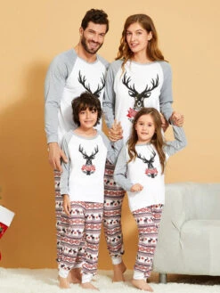 Christmas Family Pajamas Set White Cotton Blend Christmas Pattern Holidays Costumes Homewear