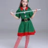 Girl Christmas Costume Set Green Hat Sash Jumpsuit Set Polyester Stripes Christmas Costumes