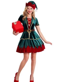 Women Christmas Costume Green Polyester Fiber Dress Hat Color Block Holidays Costumes Full Set
