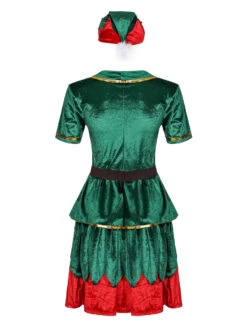 Women Christmas Costume Green Polyester Fiber Dress Hat Color Block Holidays Costumes Full Set -Christmas Costumes Store 202108201042377257297