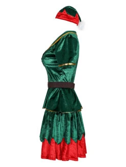 Women Christmas Costume Green Polyester Fiber Dress Hat Color Block Holidays Costumes Full Set -Christmas Costumes Store 202108201042383627721