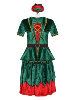 Women Christmas Costume Green Polyester Fiber Dress Hat Color Block Holidays Costumes Full Set -Christmas Costumes Store 202108201042387835353