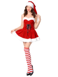 Christmas Costume For Women Red Polyester Fiber Dress Hat Polyester Color Block Holidays Costumes Full Set -Christmas Costumes Store 202108201043106087856