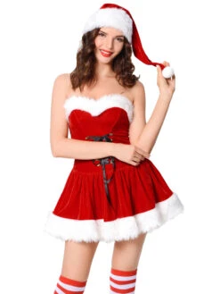 Christmas Costume For Women Red Polyester Fiber Dress Hat Polyester Color Block Holidays Costumes Full Set -Christmas Costumes Store 202108201043110051496