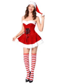 Christmas Costume For Women Red Polyester Fiber Dress Hat Polyester Color Block Holidays Costumes Full Set -Christmas Costumes Store 202108201043122017522