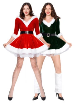Christmas Costume For Women Red Dark Green Polyester Fiber Dress Color Block Christmas Holidays Costumes Full Set -Christmas Costumes Store 202108201043175792897