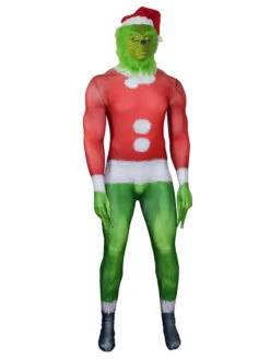 The Grinch Zentai Suits Red Polyester Color Block Christmas Leotard Costumes Full Set