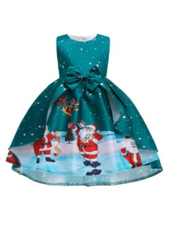 Party Dress For Christmas Green Polyester Fiber Floral Print Christmas Holidays Costumes Dress