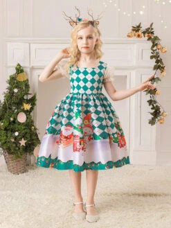 Party Dress For Christmas Red Polyester Fiber Plaid Pattern Floral Print Christmas Holidays Costumes Dress -Christmas Costumes Store 202110271950304099783