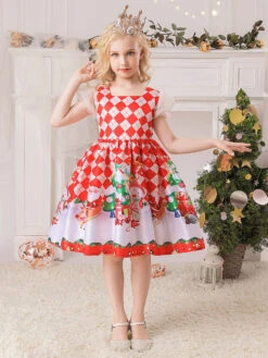 Party Dress For Christmas Red Polyester Fiber Plaid Pattern Floral Print Christmas Holidays Costumes Dress -Christmas Costumes Store 202110271950308342796