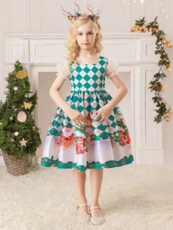 Party Dress For Christmas Red Polyester Fiber Plaid Pattern Floral Print Christmas Holidays Costumes Dress -Christmas Costumes Store 202110271950312963700