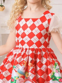 Party Dress For Christmas Red Polyester Fiber Plaid Pattern Floral Print Christmas Holidays Costumes Dress -Christmas Costumes Store 202110271950324801774