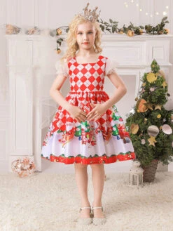 Party Dress For Christmas Red Polyester Fiber Plaid Pattern Floral Print Christmas Holidays Costumes Dress