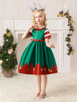 Party Dress For Christmas Green Polyester Fiber Floral Print Christmas Holidays Costumes Dress -Christmas Costumes Store 202110271950340216517