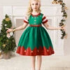 Party Dress For Christmas Green Polyester Fiber Floral Print Christmas Holidays Costumes Dress