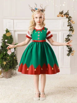 Party Dress For Christmas Green Polyester Fiber Floral Print Christmas Holidays Costumes Dress