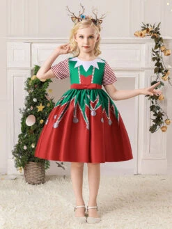Party Dress For Christmas Red Polyester Fiber Polyester Floral Print Christmas Holidays Costumes Dress