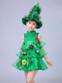 Party Dress For Christmas Green Santa Tree Polyester Fiber Hat Dress Christmas Holidays Costumes Full Set -Christmas Costumes Store 202110281517086448923