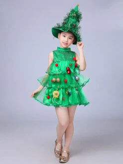 Party Dress For Christmas Green Santa Tree Polyester Fiber Hat Dress Christmas Holidays Costumes Full Set -Christmas Costumes Store 202110281517089607796
