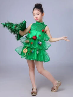 Party Dress For Christmas Green Santa Tree Polyester Fiber Hat Dress Christmas Holidays Costumes Full Set -Christmas Costumes Store 202110281517092844965