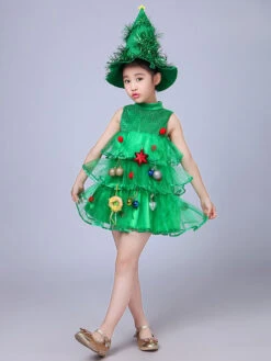 Party Dress For Christmas Green Santa Tree Polyester Fiber Hat Dress Christmas Holidays Costumes Full Set