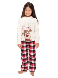 Family Christmas Pajamas Polyester Floral Print Red Plaid Pants White Blouse 2-Piece Set -Christmas Costumes Store 202110302008281443903