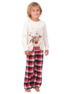 Family Christmas Pajamas Polyester Floral Print Red Plaid Pants White Blouse 2-Piece Set -Christmas Costumes Store 202110302008301439273