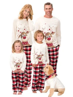 Family Christmas Pajamas Polyester Floral Print Red Plaid Pants White Blouse 2-Piece Set