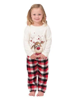 Family Christmas Pajamas Polyester Floral Print Red Plaid Pants White Blouse 2-Piece Set -Christmas Costumes Store 202110302008307967957
