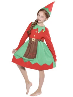 Kids Tunic Dress For Christmas Red Polyester Fiber Hat Dress Christmas Holidays Costumes Full Set