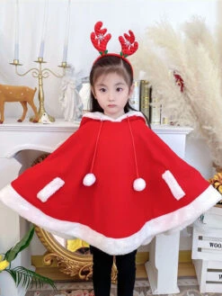 Kids Christmas Cape Red Polyester Fiber Cloak Color Block Christmas Holidays Capes