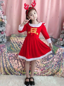 Kids Tunic Dress For Christmas Red Polyester Fiber Christmas Holidays Party Dress -Christmas Costumes Store 202110302010550672098