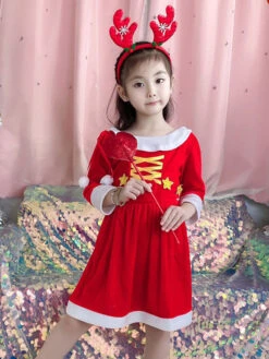Kids Tunic Dress For Christmas Red Polyester Fiber Christmas Holidays Party Dress