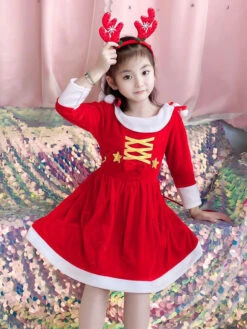 Kids Tunic Dress For Christmas Red Polyester Fiber Christmas Holidays Party Dress -Christmas Costumes Store 202110302010564665855