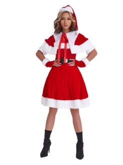 Women Christmas Tunic Dress Red Polyester Fiber Gloves Sash Dress Polyester Color Block Christmas Holidays Costumes