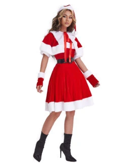 Women Christmas Tunic Dress Red Polyester Fiber Gloves Sash Dress Polyester Color Block Christmas Holidays Costumes -Christmas Costumes Store 202111051821064863048