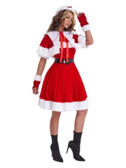 Women Christmas Tunic Dress Red Polyester Fiber Gloves Sash Dress Polyester Color Block Christmas Holidays Costumes -Christmas Costumes Store 202111051821067853626