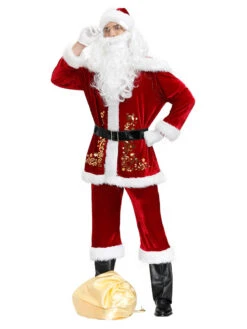 Men Christmas Costume Full Set Burgundy Polyester Fiber Hat Sash Gloves Polyester Color Block Christmas Holidays Costumes -Christmas Costumes Store 202111051821123414053