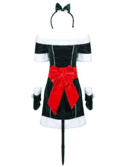 Women Christmas Costume Full Set Tunic Dress Deep Green Polyester Fiber Sash Dress Gloves Polyester Color Block Christmas Holidays Costumes -Christmas Costumes Store 202111051821142091630