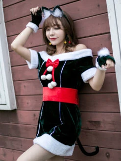 Women Christmas Costume Full Set Tunic Dress Deep Green Polyester Fiber Sash Dress Gloves Polyester Color Block Christmas Holidays Costumes