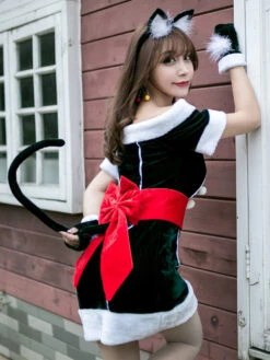 Women Christmas Costume Full Set Tunic Dress Deep Green Polyester Fiber Sash Dress Gloves Polyester Color Block Christmas Holidays Costumes -Christmas Costumes Store 202111051821148426454