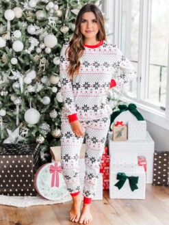 Family Christmas Pajamas For Adult Polyester White Christmas Pattern Pants Top 2-Piece Set -Christmas Costumes Store 202111261605504861154